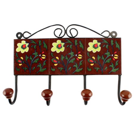 Dark Brown With Forest Green Leaf Ceramic Tile Hook